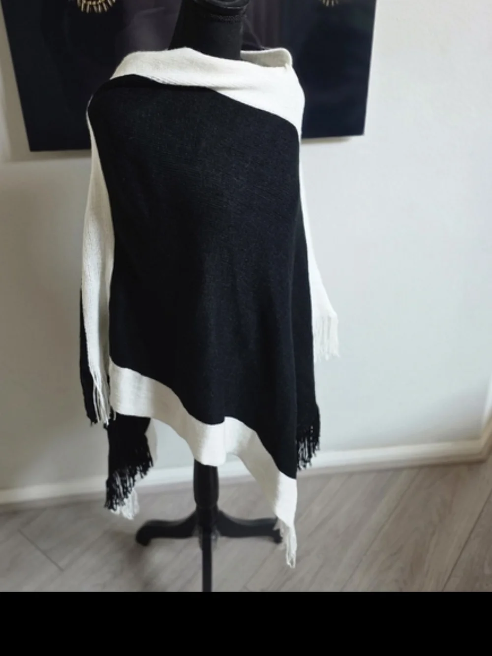 Black and White Fringe Poncho Sweater - Women OSFM